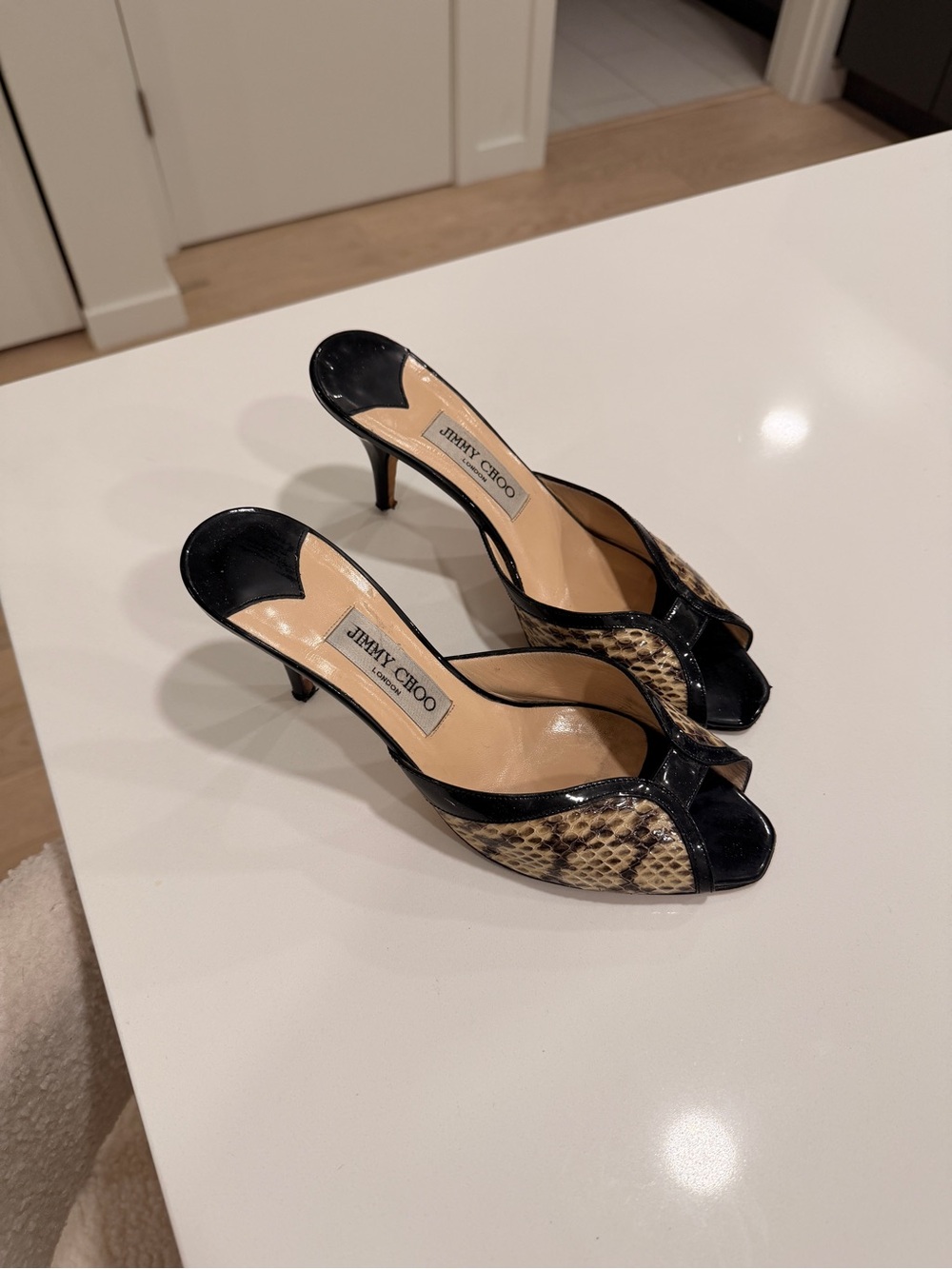 Jimmy Choo Black and Snake-Print Open-Toe Mule Heels